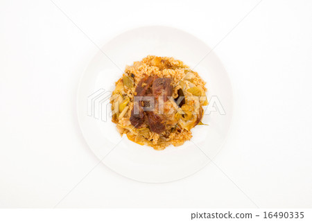 Pork with leeks and rice. Pork with leeks and rice. 16490335