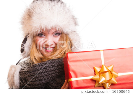 winter girl with red gift box isolated 16500645