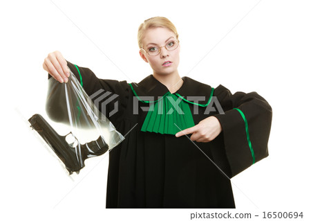 Woman lawyer with gun bag marked evidence for crime. 16500694