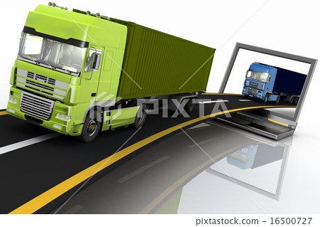 Trucks on freeway coming out of a laptop Trucks on freeway coming out of a laptop 16500727