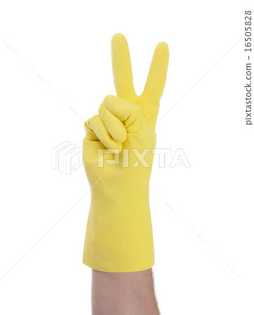 Hand in rubber gloves gesturing, close up 16505828