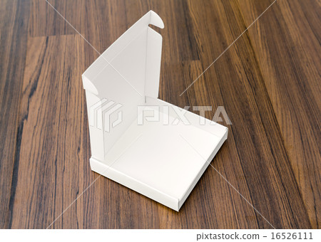 Blank white box mock up on wood background 16526111