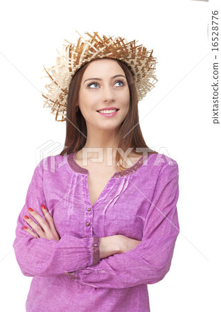 Young woman looking up with straw hat. Young woman looking up with straw hat. 16528776