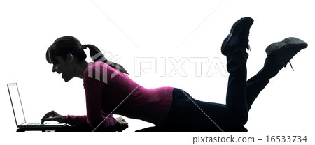 woman laughing computing laptop computer silhouette woman laughing computing laptop computer silhouette 16533734