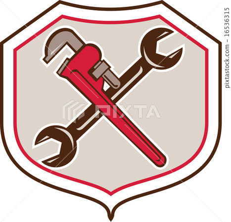 Pipe Wrench Spanner Crossed Shield Cartoon 16536315