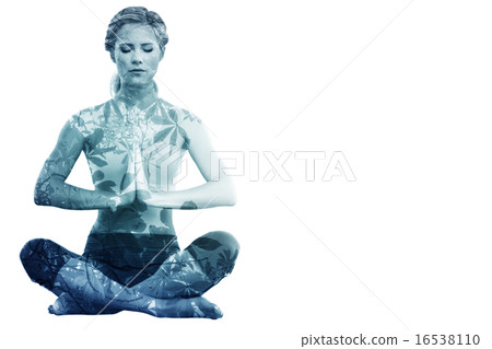 Composite image of calm blonde sitting in lotus pose with hands Composite image of calm blonde sitting in lotus pose with hands 16538110