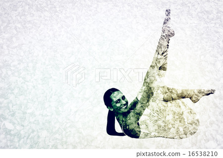 Composite image of fit woman stretching body in fitness studio Composite image of fit woman stretching body in fitness studio 16538210