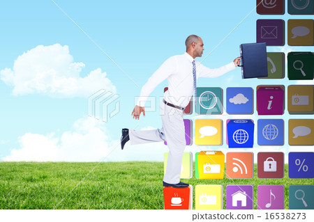 Composite image of businessman running with briefcase Composite image of businessman running with briefcase 16538273