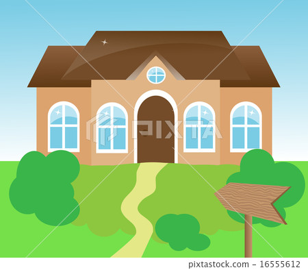 house with a wooden pointer of green space 16555612