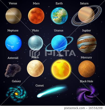 Cosmos stars planets galaxy icons set  16558209