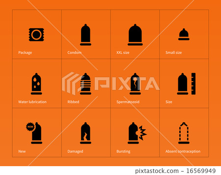 Health care. Condom icons on orange background. 16569949