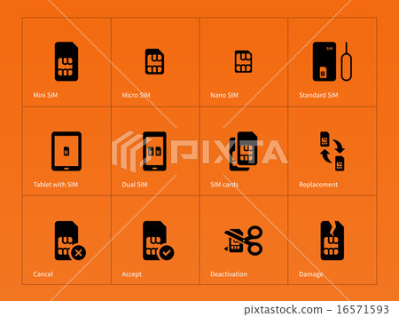 Network SIM cards icons on orange background. 16571593