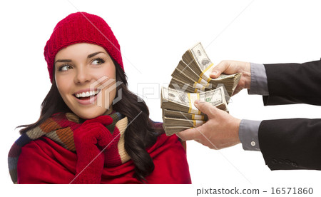 Mixed Race Young Woman Being Handed Thousands of Dollars Mixed Race Young Woman Being Handed Thousands of Dollars 16571860