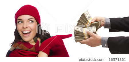 Mixed Race Young Woman Being Handed Thousands of Dollars 16571861
