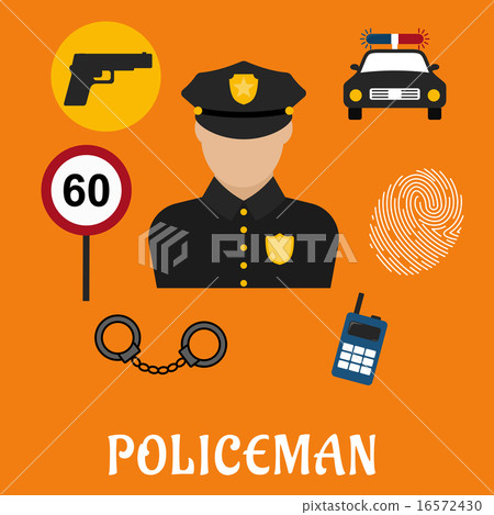 Policeman in uniform with police icons 16572430
