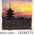 Hogetsuji Yasaka Tower 5 stories Tower sunset hand-painted illustration 16584775