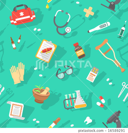 Flat seamless pattern with medicine icons  16589291
