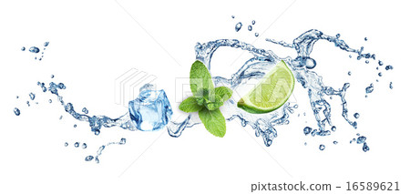 Ice cubes, mint leaves and lime on a white Ice cubes, mint leaves and lime on a white 16589621