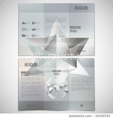 Vector set of tri-fold brochure design template on both sides with world globe element. Polygon 16589793