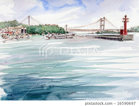 Hand-drawn sketch depicting Seto Ohashi Bridge and Shimotsui Port 16590697