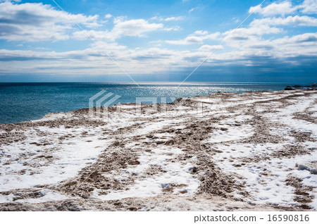 Dirty ice field near water under cloudy blue sky. Dirty ice field near water under cloudy blue sky. 16590816