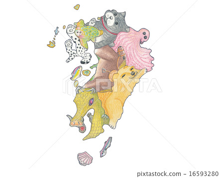 Prefecture-specific map of Kyushu and animals (colored pencil version) 16593280