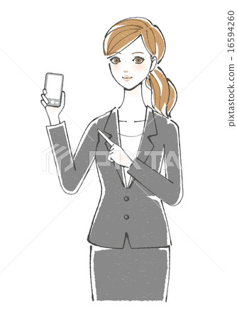 Illustration of a woman in a suit (pointed at a cell phone) 16594260