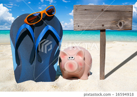 Pink piggy bank and wooden Signboard 16594918