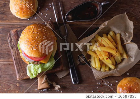 Burger and potatoes 16597853