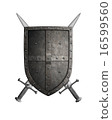 medieval crusader knight shield and two swords isolated 16599560