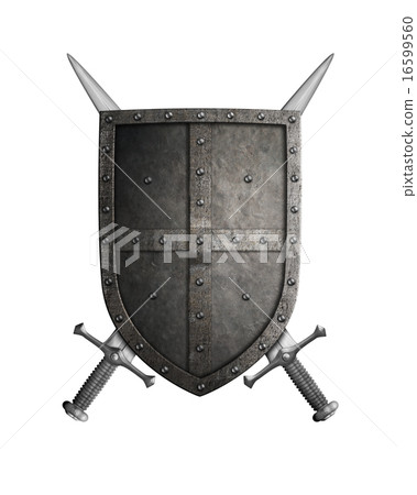 medieval crusader knight shield and two swords isolated 16599560