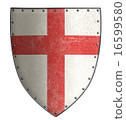 medieval crusader's metal shield with red cross isolated 16599580