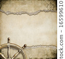 old steering wheel and torn nautical map background 16599610