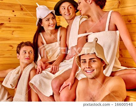 Group people in Santa hat  at sauna. 16600548