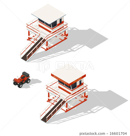 Lifeguard tower and quad bike isometric icons set 16601704
