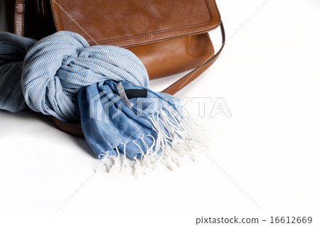 Woman leather bag with scarf isolated on white Woman leather bag with scarf isolated on white 16612669