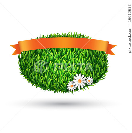 Green grass oval with chamomiles and flag on white 16613658
