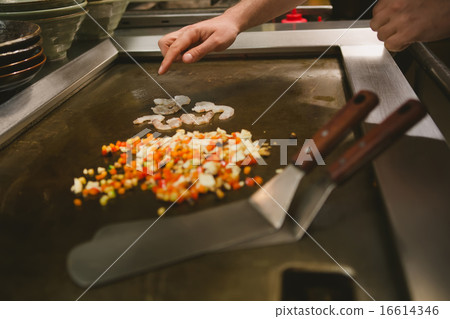 chef cooking rice with vegetables and shrimp chef cooking rice with vegetables and shrimp 16614346