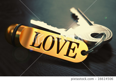 Love - Bunch of Keys with Text on Golden Keychain. 16614506