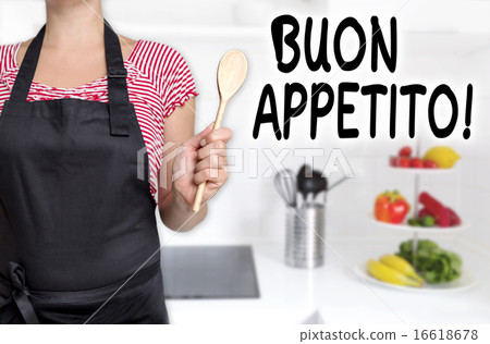 buon appetito cook holding wooden spoon background 16618678
