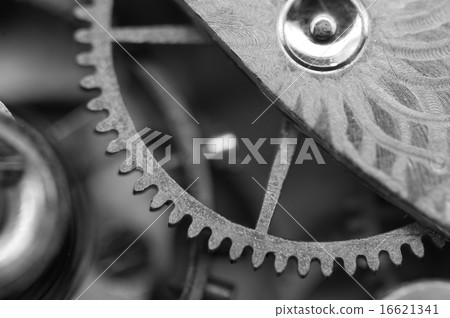 Black white metal cogwheels a clockwork. Macro 16621341