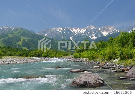 在長野縣的Himekawa上游的松川的清澈的流動和初夏的白馬山山遠景 在長野縣的Himekawa上游的松川的清澈的流動和初夏的白馬山山遠景 16621806