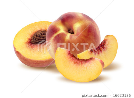 Whole peach, half and quarters isolated on white Whole peach, half and quarters isolated on white 16623186