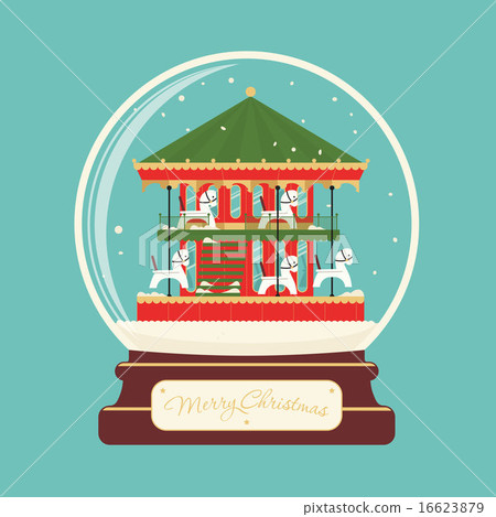 Merry christmas glass ball with carousel horses. Celebratory scenery. Eve of New Year. Park 16623879