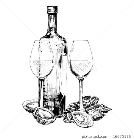 Bottle of wine, oysters and two glasses 16625156
