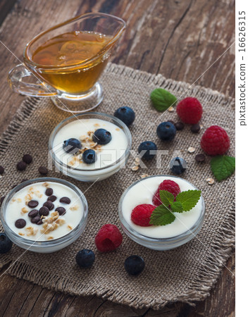 Yogurt with Fruits or Chocolate in Little Bowls Yogurt with Fruits or Chocolate in Little Bowls 16626315