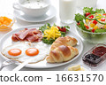Breakfast Croissant pan salad Bacon soup jam Orange milk butter 16631570