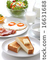 Breakfast toast Bacon fried egg yolk soup salad milk 16631688