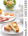 Breakfast toast Bacon fried egg yolk soup salad milk 16631689