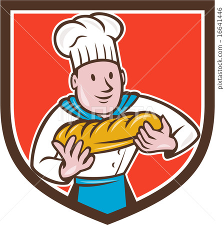图库插图: baker holding bread loaf shield cartoon
